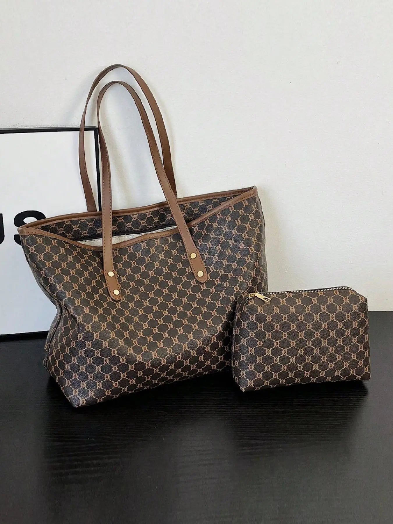 Women's Fashionable Geometric Pattern Tote Bag & Cosmetic Bag, Stylish Casual Versatile Zipper Shoulder Bag & Cosmetic Bag, Trendy Bag Set for Daily Use