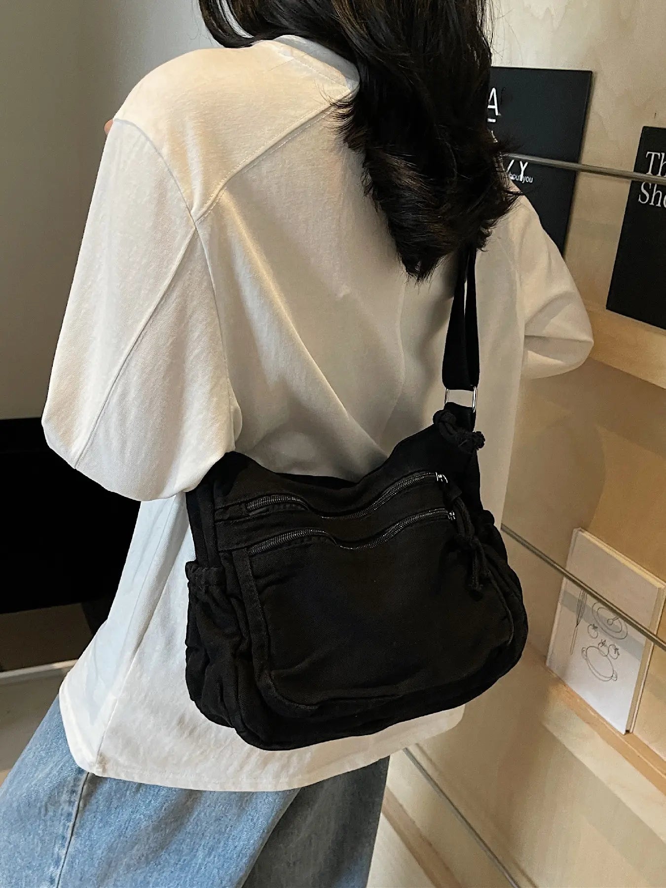 Ladies' solid color retro multi pocket canvas crossbody bag, fashionable and simple daily commuting easy to match with shoulder bag, Casual Commuter Bag, Multi Compartment Bag, Trendy Commuting Bag, Crossbody Shoulder Bags