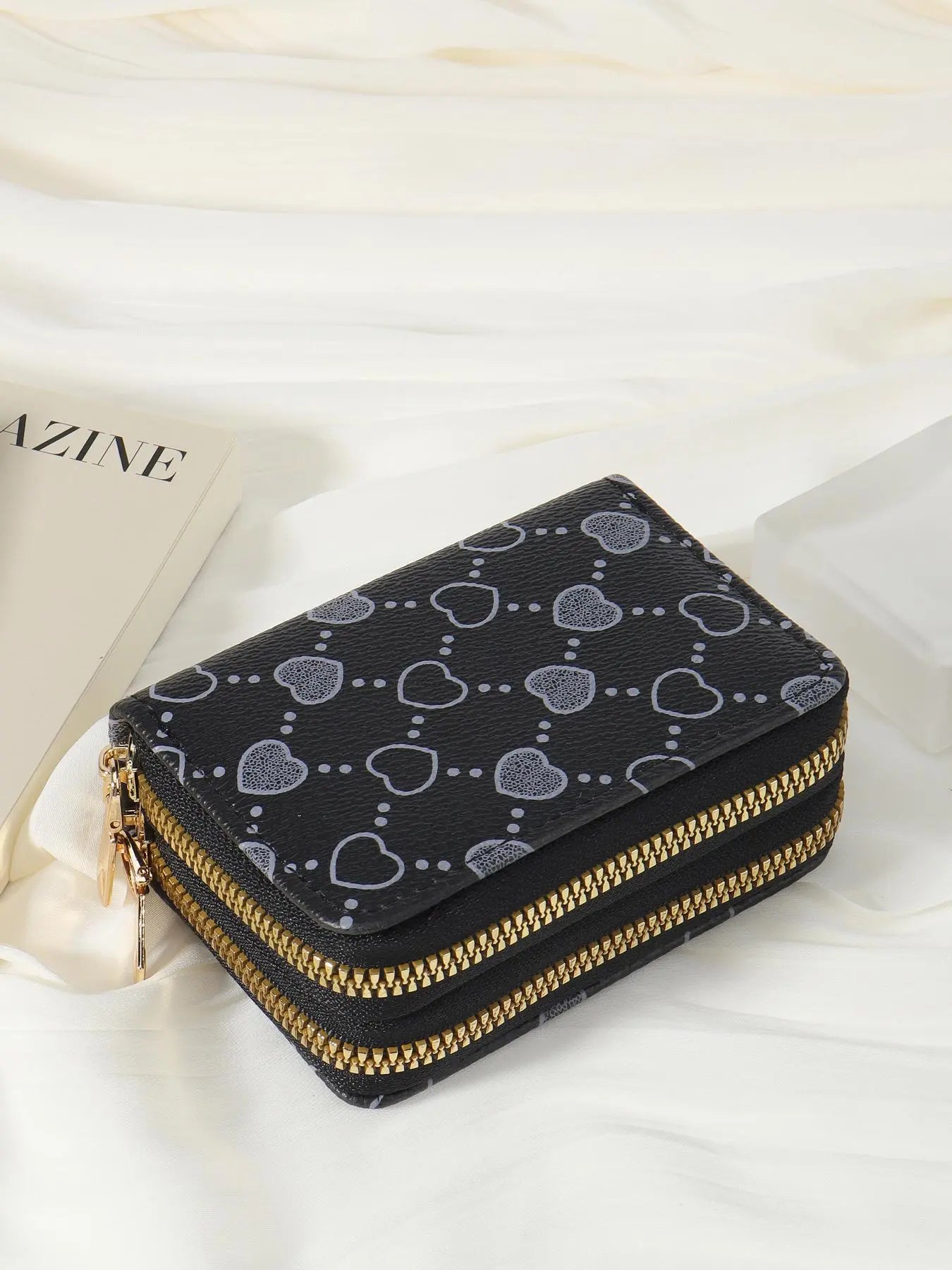 Women's Summer Retro Heart Print Double Zipper Around Coin Purse for Mothers Day Gift, Simple Casual Wallet Card Holder, Pu Leather Credit Card Storage Bag for Outdoors & Travel, Zippered Coin Pouch