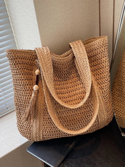 New Large Capacity Fringe Accessory Straw Beach Bag, Perfect for Vacation Travel Shopping Outdoor Use, Stylish and Versatile