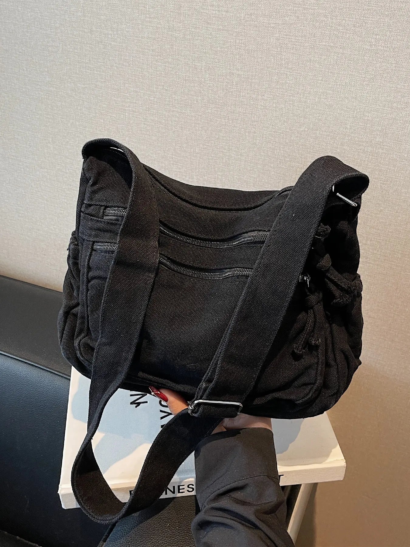 Ladies' solid color retro multi pocket canvas crossbody bag, fashionable and simple daily commuting easy to match with shoulder bag, Casual Commuter Bag, Multi Compartment Bag, Trendy Commuting Bag, Crossbody Shoulder Bags