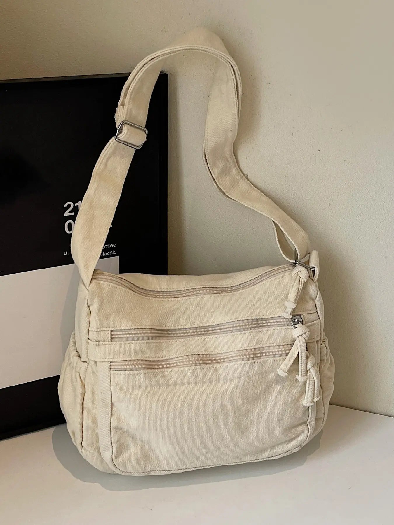 Ladies' solid color retro multi pocket canvas crossbody bag, fashionable and simple daily commuting easy to match with shoulder bag, Casual Commuter Bag, Multi Compartment Bag, Trendy Commuting Bag, Crossbody Shoulder Bags