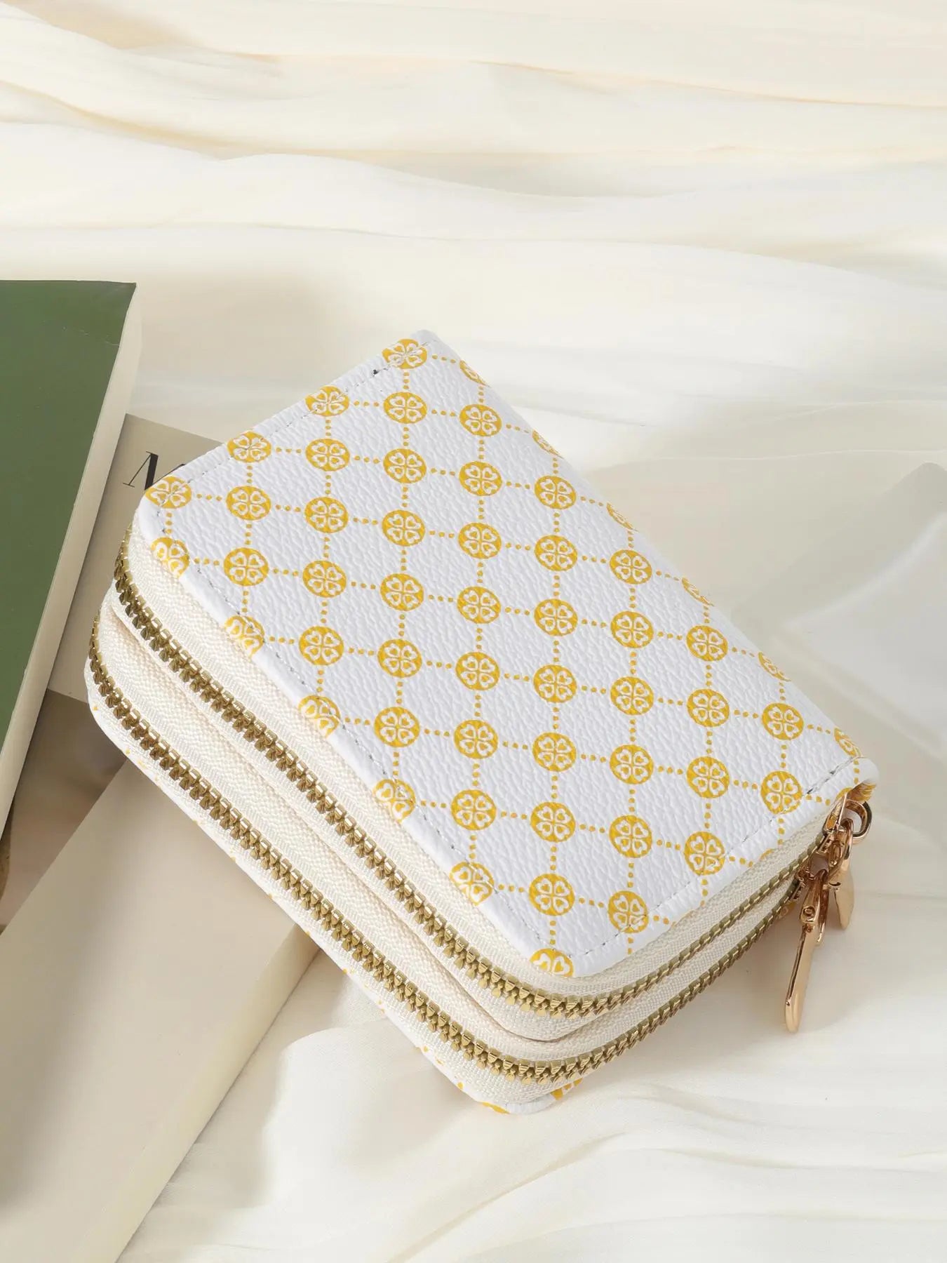 Women's Summer Retro Heart Print Double Zipper Around Coin Purse for Mothers Day Gift, Simple Casual Wallet Card Holder, Pu Leather Credit Card Storage Bag for Outdoors & Travel, Zippered Coin Pouch