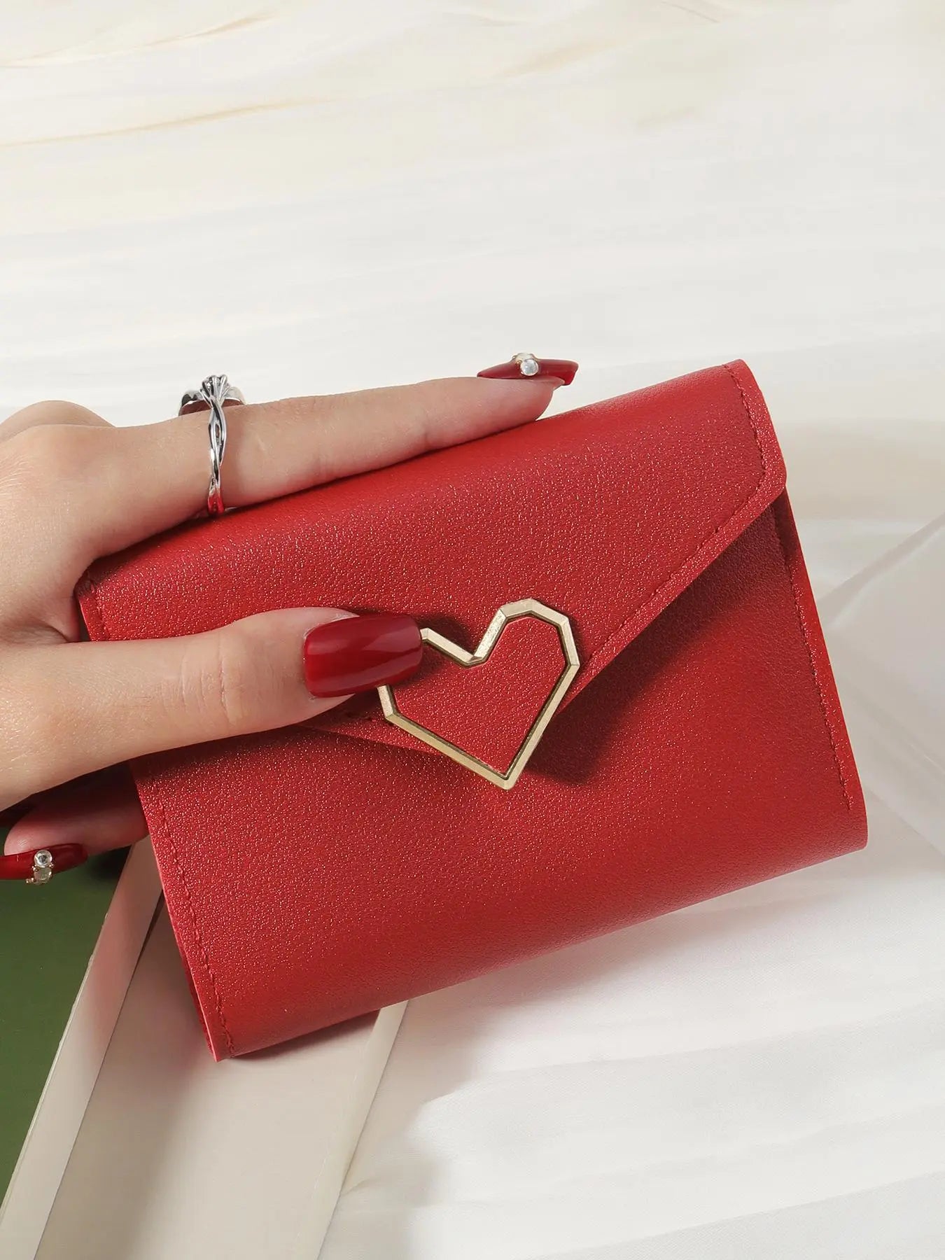 Women's 1 Piece Heart Decor Bifold Durable Wallet, Wallets Women Fashionable Multiple Card Slots PU Leather Purse for Outdoor, Travel, School