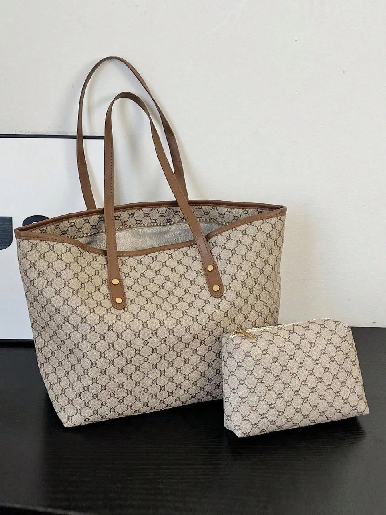 Women's Fashionable Geometric Pattern Tote Bag & Cosmetic Bag, Stylish Casual Versatile Zipper Shoulder Bag & Cosmetic Bag, Trendy Bag Set for Daily Use