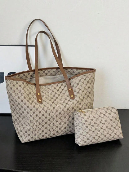 Women's Fashionable Geometric Pattern Tote Bag & Cosmetic Bag, Stylish Casual Versatile Zipper Shoulder Bag & Cosmetic Bag, Trendy Bag Set for Daily Use