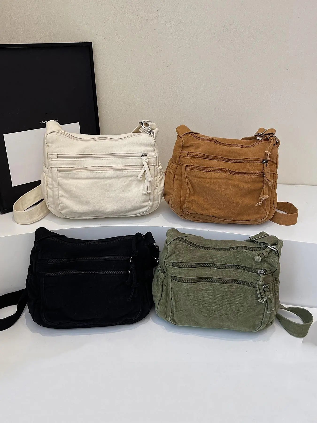 Ladies' solid color retro multi pocket canvas crossbody bag, fashionable and simple daily commuting easy to match with shoulder bag, Casual Commuter Bag, Multi Compartment Bag, Trendy Commuting Bag, Crossbody Shoulder Bags