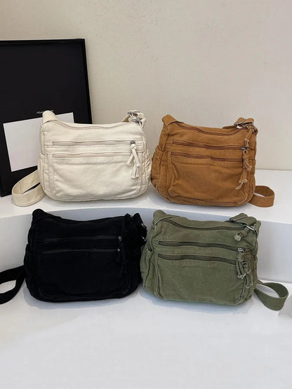 Ladies' solid color retro multi pocket canvas crossbody bag, fashionable and simple daily commuting easy to match with shoulder bag, Casual Commuter Bag, Multi Compartment Bag, Trendy Commuting Bag, Crossbody Shoulder Bags