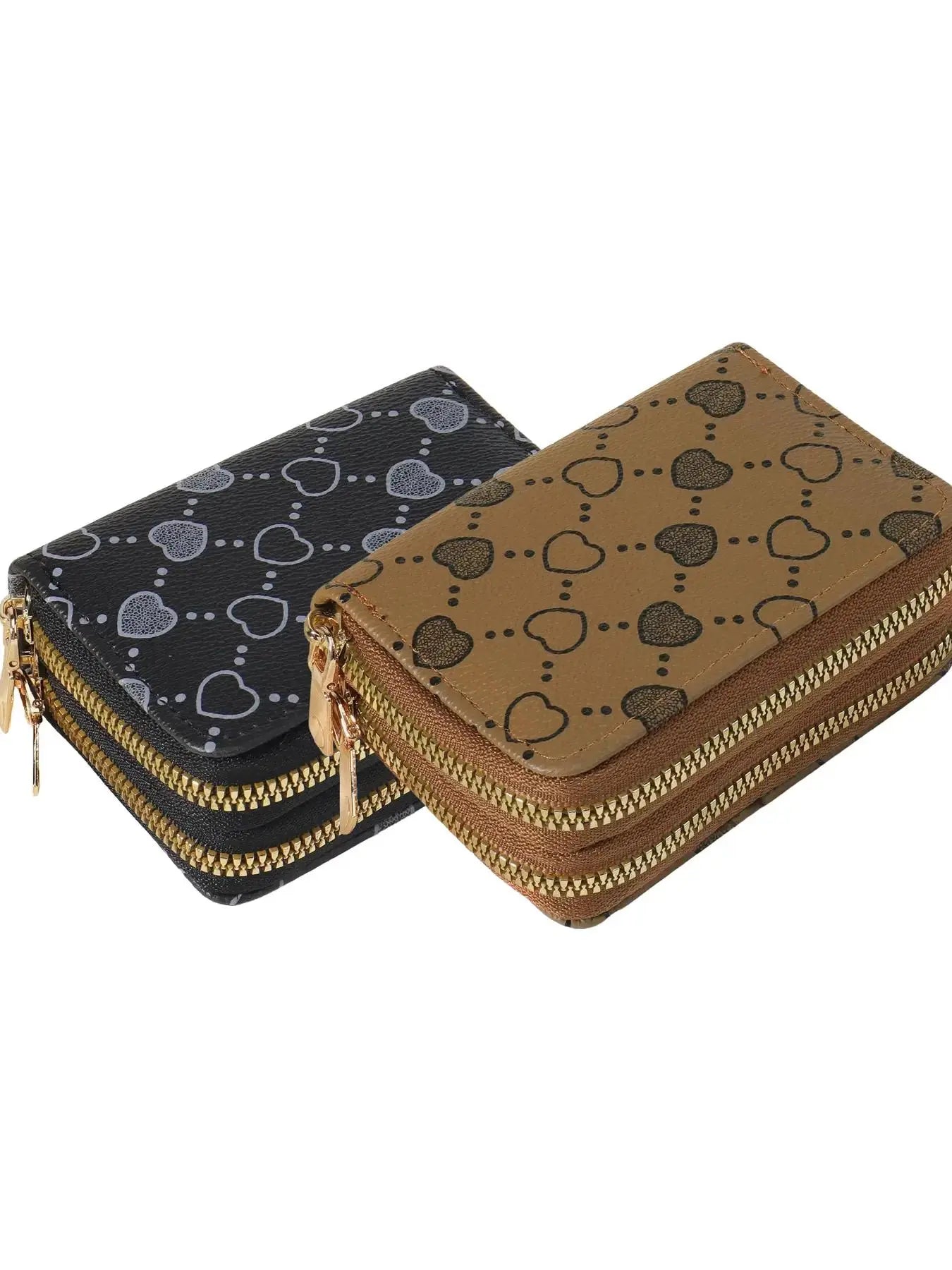 Women's Summer Retro Heart Print Double Zipper Around Coin Purse for Mothers Day Gift, Simple Casual Wallet Card Holder, Pu Leather Credit Card Storage Bag for Outdoors & Travel, Zippered Coin Pouch