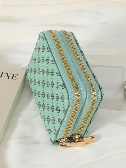 Women's Summer Retro Heart Print Double Zipper Around Coin Purse for Mothers Day Gift, Simple Casual Wallet Card Holder, Pu Leather Credit Card Storage Bag for Outdoors & Travel, Zippered Coin Pouch
