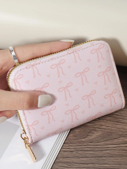 Fashionable Bow Pattern Short Wallet, Lightweight and Elegant Women's Card Bag, Cute Card Holder, Simple and Casual Multi Slot Card Holder, Glossy Card Bag, Credit Card Organizer, Zipper Card Holder, Zipper Card Slots, Card Slots Pocket, Card Storage