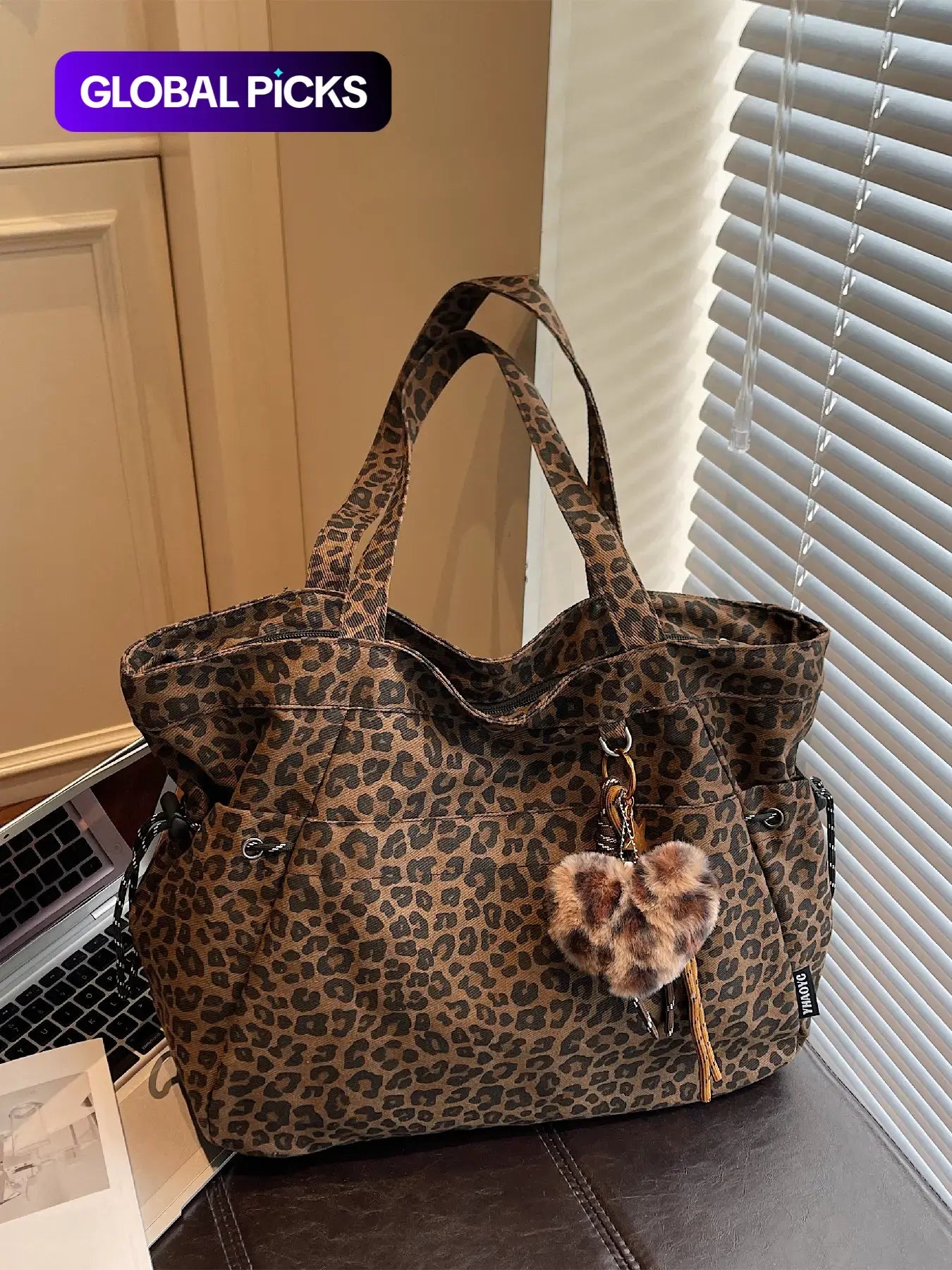 Leopard Print Plush Pendant Bag, Large Capacity Fashion Tote Bag for Work & Daily Use, Versatile Bag, Single Shoulder Crossbody Design, Stylish Bag, High Quality Bag, Fashionable Bags