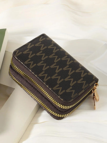Women's Summer Retro Heart Print Double Zipper Around Coin Purse for Mothers Day Gift, Simple Casual Wallet Card Holder, Pu Leather Credit Card Storage Bag for Outdoors & Travel, Zippered Coin Pouch