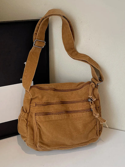 Ladies' solid color retro multi pocket canvas crossbody bag, fashionable and simple daily commuting easy to match with shoulder bag, Casual Commuter Bag, Multi Compartment Bag, Trendy Commuting Bag, Crossbody Shoulder Bags