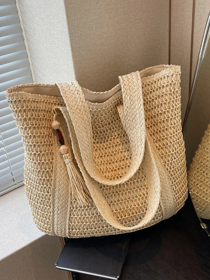 New Large Capacity Fringe Accessory Straw Beach Bag, Perfect for Vacation Travel Shopping Outdoor Use, Stylish and Versatile