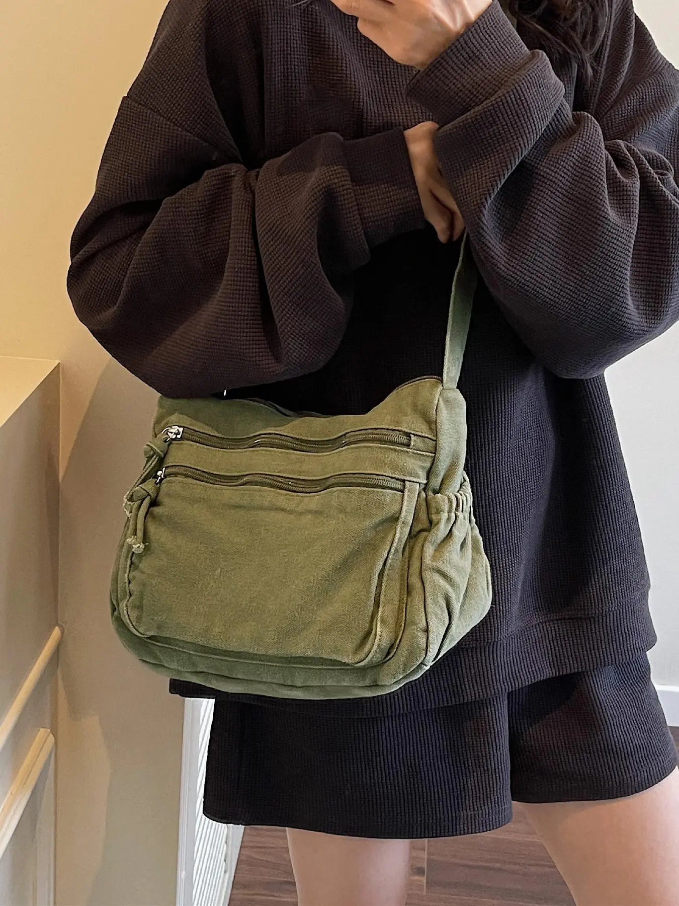 Ladies' solid color retro multi pocket canvas crossbody bag, fashionable and simple daily commuting easy to match with shoulder bag, Casual Commuter Bag, Multi Compartment Bag, Trendy Commuting Bag, Crossbody Shoulder Bags