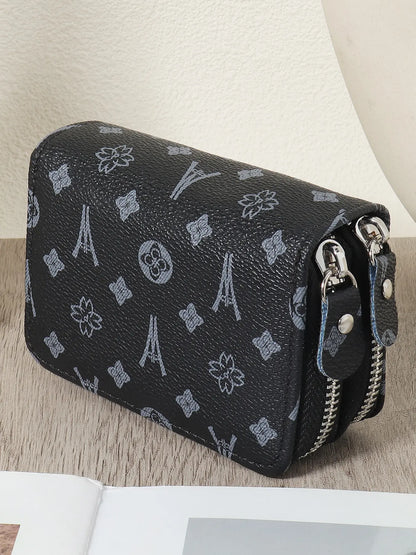 Women's Summer Retro Heart Print Double Zipper Around Coin Purse for Mothers Day Gift, Simple Casual Wallet Card Holder, Pu Leather Credit Card Storage Bag for Outdoors & Travel, Zippered Coin Pouch