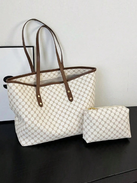 Women's Fashionable Geometric Pattern Tote Bag & Cosmetic Bag, Stylish Casual Versatile Zipper Shoulder Bag & Cosmetic Bag, Trendy Bag Set for Daily Use