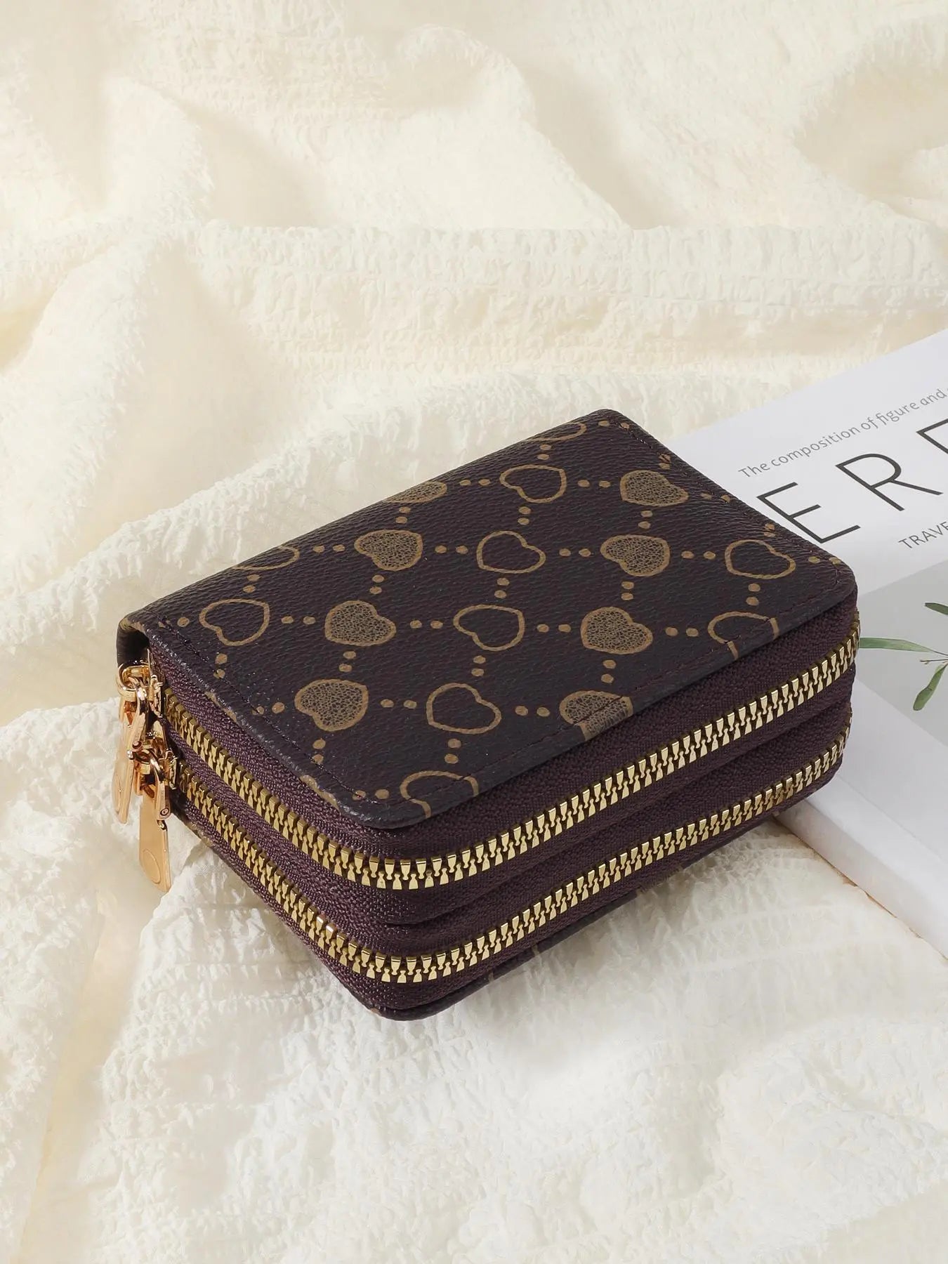 Women's Summer Retro Heart Print Double Zipper Around Coin Purse for Mothers Day Gift, Simple Casual Wallet Card Holder, Pu Leather Credit Card Storage Bag for Outdoors & Travel, Zippered Coin Pouch