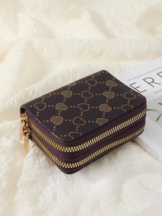 Women's Summer Retro Heart Print Double Zipper Around Coin Purse for Mothers Day Gift, Simple Casual Wallet Card Holder, Pu Leather Credit Card Storage Bag for Outdoors & Travel, Zippered Coin Pouch