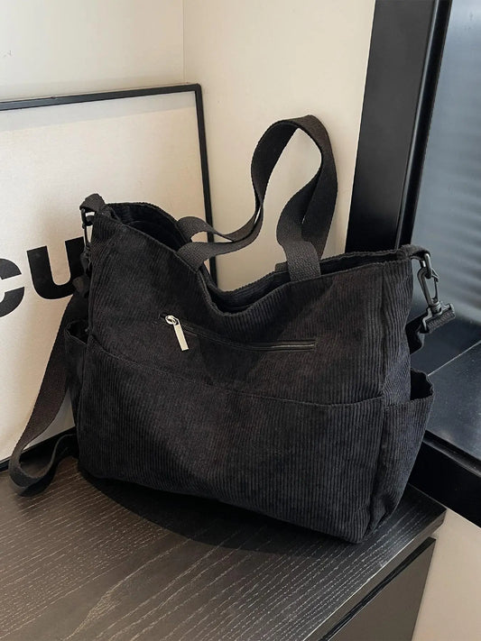 Trendy Corduroy Tote Bag, Women's Solid Color Large-Capacity Durable Shoulder Bag for Daily Use, Casual Commuting Bag, Casual Matching School Bag for Outdoor Activities