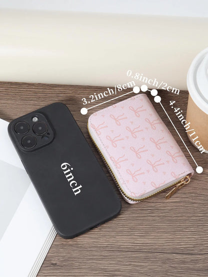 Fashionable Bow Pattern Short Wallet, Lightweight and Elegant Women's Card Bag, Cute Card Holder, Simple and Casual Multi Slot Card Holder, Glossy Card Bag, Credit Card Organizer, Zipper Card Holder, Zipper Card Slots, Card Slots Pocket, Card Storage