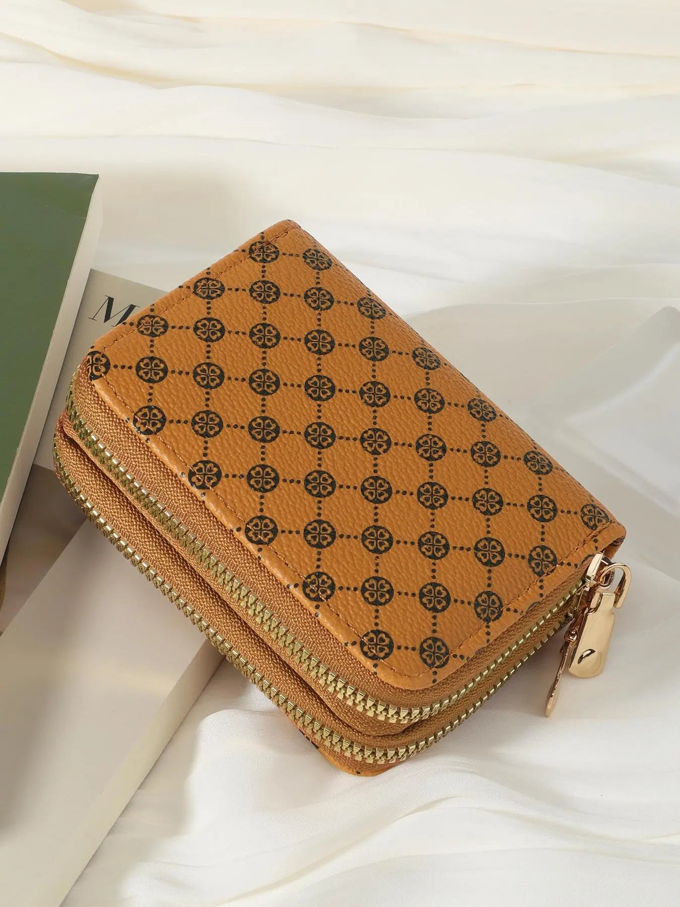 Women's Summer Retro Heart Print Double Zipper Around Coin Purse for Mothers Day Gift, Simple Casual Wallet Card Holder, Pu Leather Credit Card Storage Bag for Outdoors & Travel, Zippered Coin Pouch