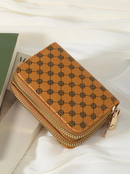 Women's Summer Retro Heart Print Double Zipper Around Coin Purse for Mothers Day Gift, Simple Casual Wallet Card Holder, Pu Leather Credit Card Storage Bag for Outdoors & Travel, Zippered Coin Pouch