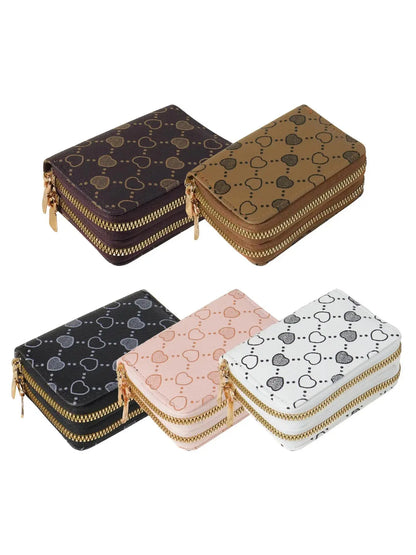 Women's Summer Retro Heart Print Double Zipper Around Coin Purse for Mothers Day Gift, Simple Casual Wallet Card Holder, Pu Leather Credit Card Storage Bag for Outdoors & Travel, Zippered Coin Pouch