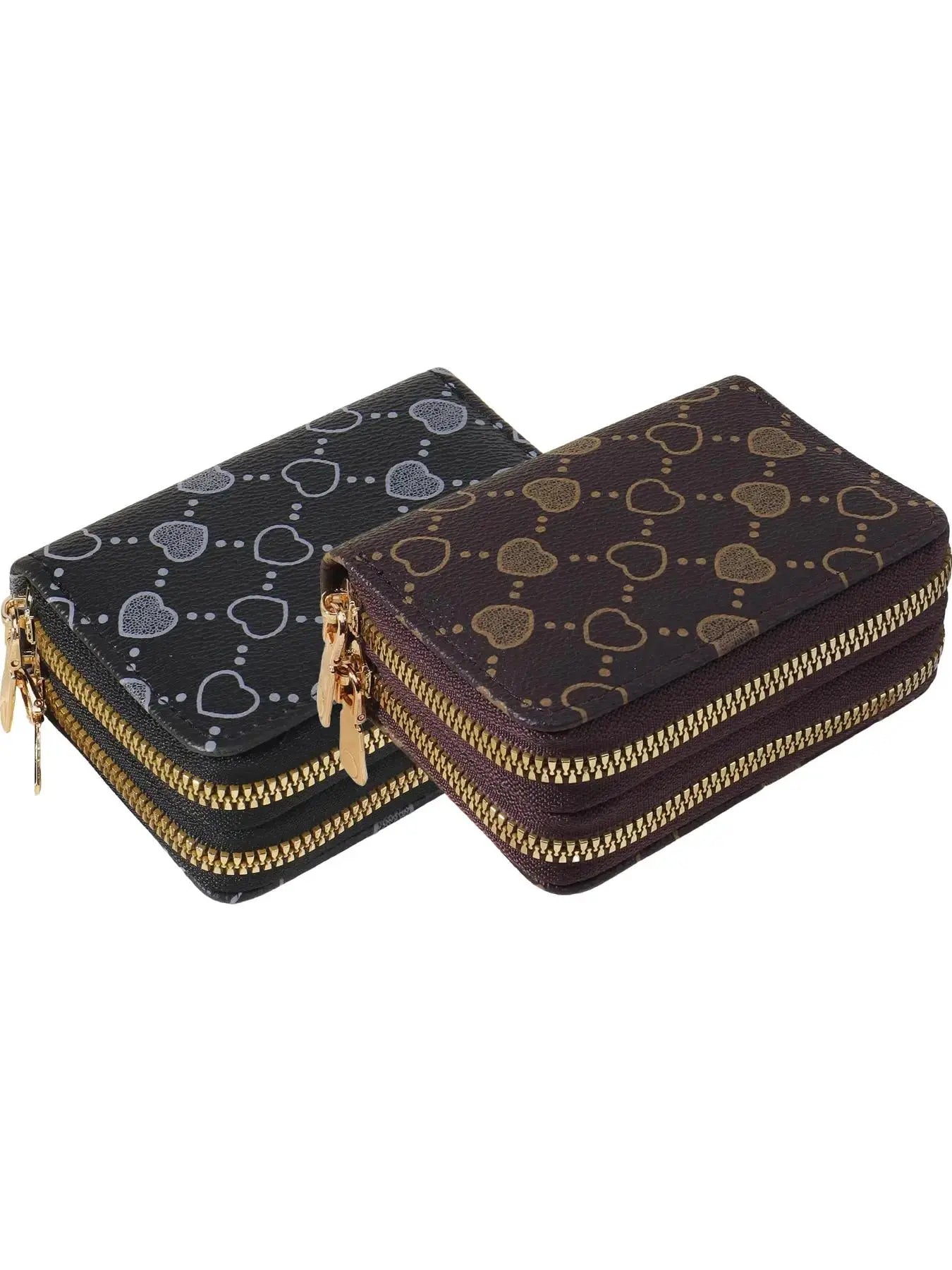 Women's Summer Retro Heart Print Double Zipper Around Coin Purse for Mothers Day Gift, Simple Casual Wallet Card Holder, Pu Leather Credit Card Storage Bag for Outdoors & Travel, Zippered Coin Pouch