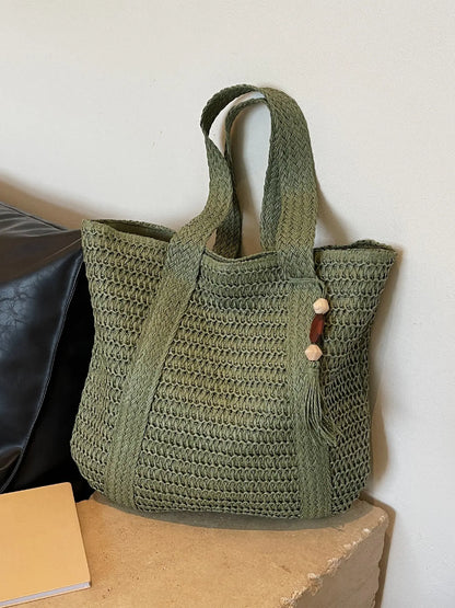 New Large Capacity Fringe Accessory Straw Beach Bag, Perfect for Vacation Travel Shopping Outdoor Use, Stylish and Versatile
