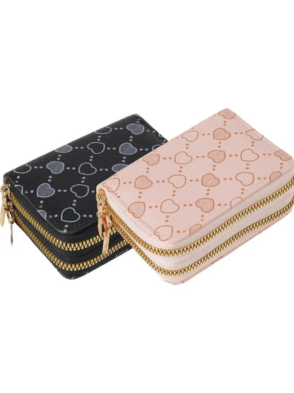 Women's Summer Retro Heart Print Double Zipper Around Coin Purse for Mothers Day Gift, Simple Casual Wallet Card Holder, Pu Leather Credit Card Storage Bag for Outdoors & Travel, Zippered Coin Pouch