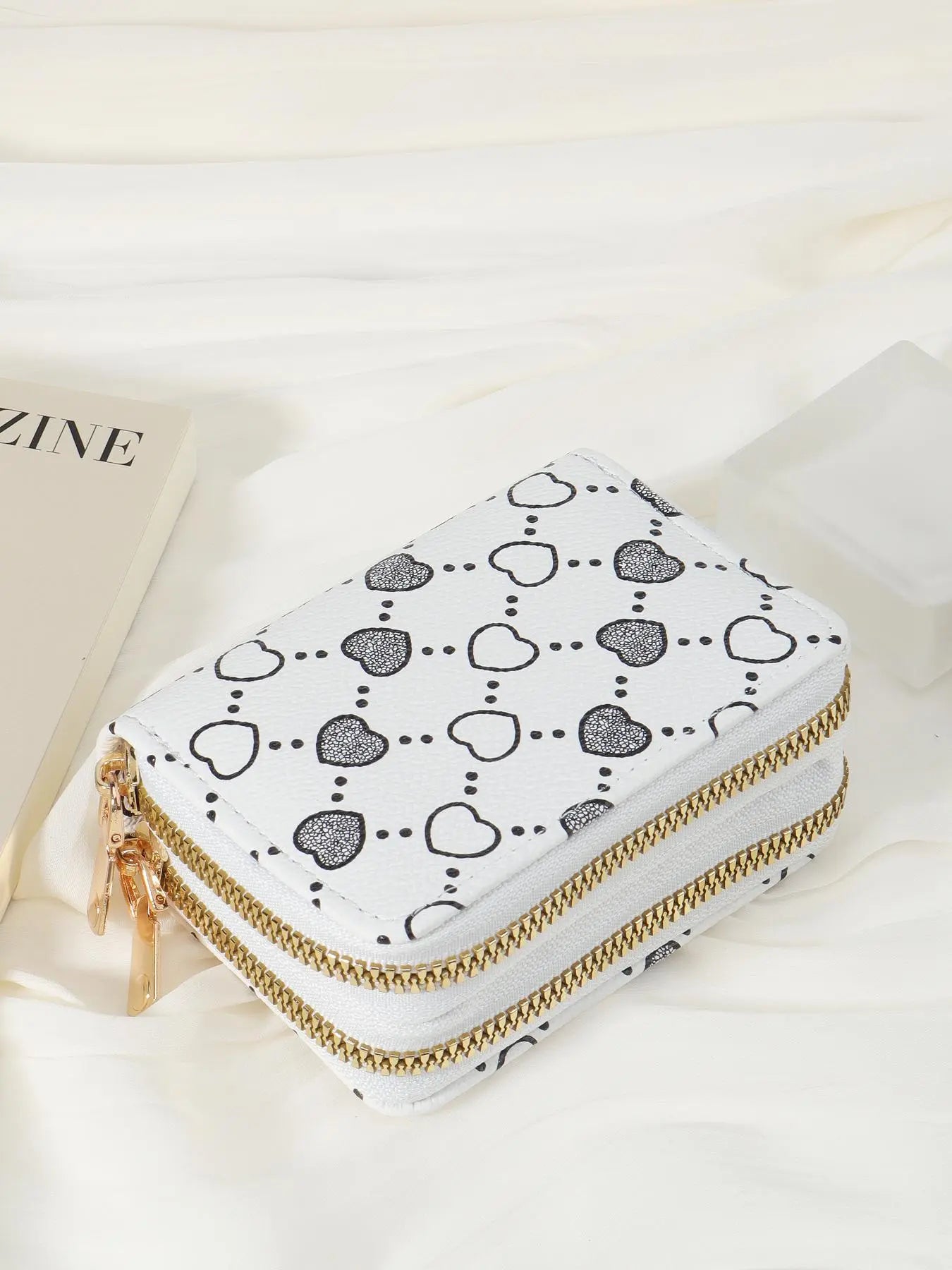 Women's Summer Retro Heart Print Double Zipper Around Coin Purse for Mothers Day Gift, Simple Casual Wallet Card Holder, Pu Leather Credit Card Storage Bag for Outdoors & Travel, Zippered Coin Pouch