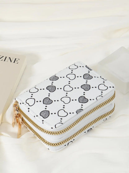 Women's Summer Retro Heart Print Double Zipper Around Coin Purse for Mothers Day Gift, Simple Casual Wallet Card Holder, Pu Leather Credit Card Storage Bag for Outdoors & Travel, Zippered Coin Pouch