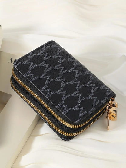 Women's Summer Retro Heart Print Double Zipper Around Coin Purse for Mothers Day Gift, Simple Casual Wallet Card Holder, Pu Leather Credit Card Storage Bag for Outdoors & Travel, Zippered Coin Pouch