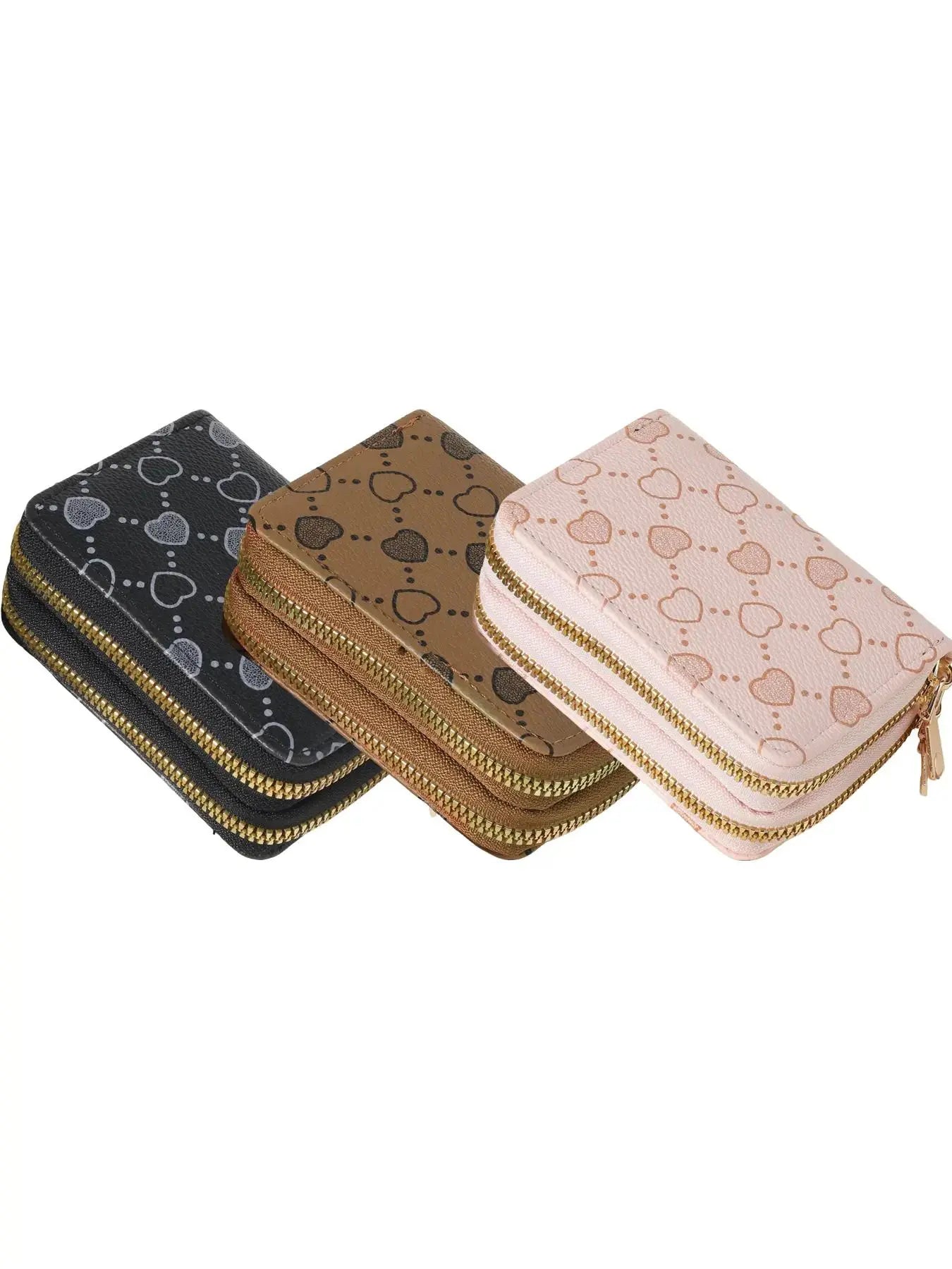 Women's Summer Retro Heart Print Double Zipper Around Coin Purse for Mothers Day Gift, Simple Casual Wallet Card Holder, Pu Leather Credit Card Storage Bag for Outdoors & Travel, Zippered Coin Pouch