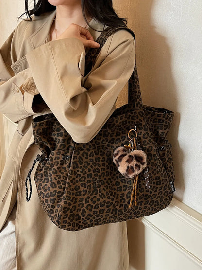Leopard Print Plush Pendant Bag, Large Capacity Fashion Tote Bag for Work & Daily Use, Versatile Bag, Single Shoulder Crossbody Design, Stylish Bag, High Quality Bag, Fashionable Bags