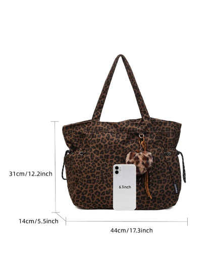 Leopard Print Plush Pendant Bag, Large Capacity Fashion Tote Bag for Work & Daily Use, Versatile Bag, Single Shoulder Crossbody Design, Stylish Bag, High Quality Bag, Fashionable Bags