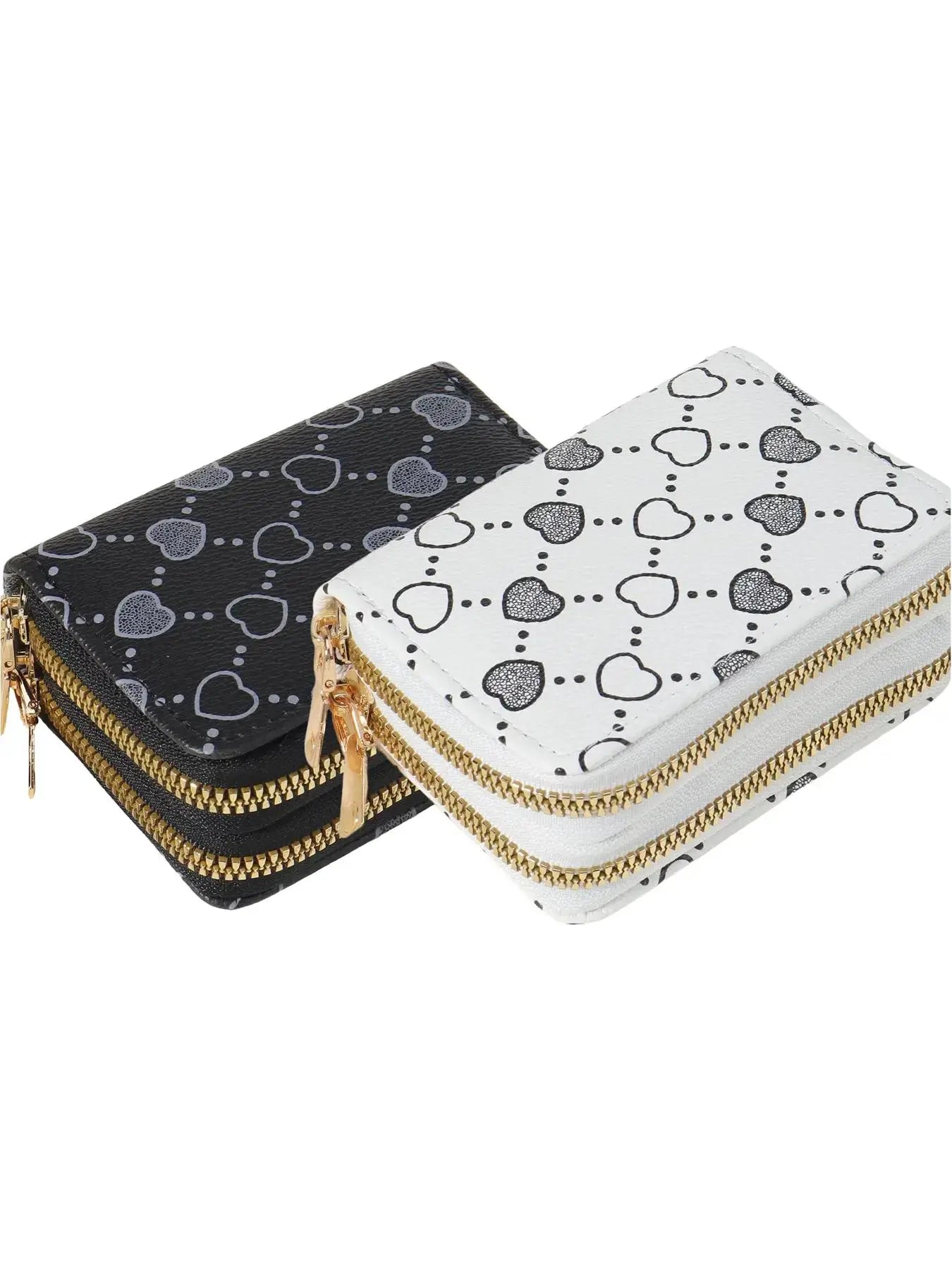 Women's Summer Retro Heart Print Double Zipper Around Coin Purse for Mothers Day Gift, Simple Casual Wallet Card Holder, Pu Leather Credit Card Storage Bag for Outdoors & Travel, Zippered Coin Pouch