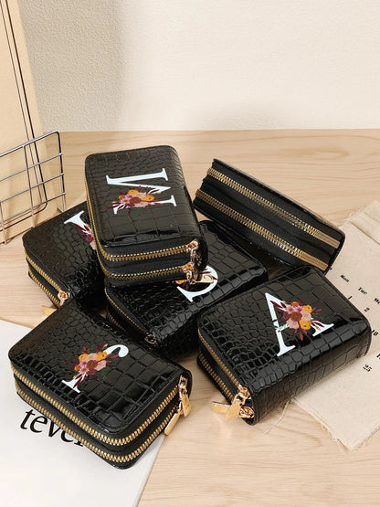 Letter Pattern Compact Wallet for Women, Zipper Card Holder with Multiple Slots, Casual Card Holder, Trendy Small Wallet for Daily Use, Stylish Credit Card Holder